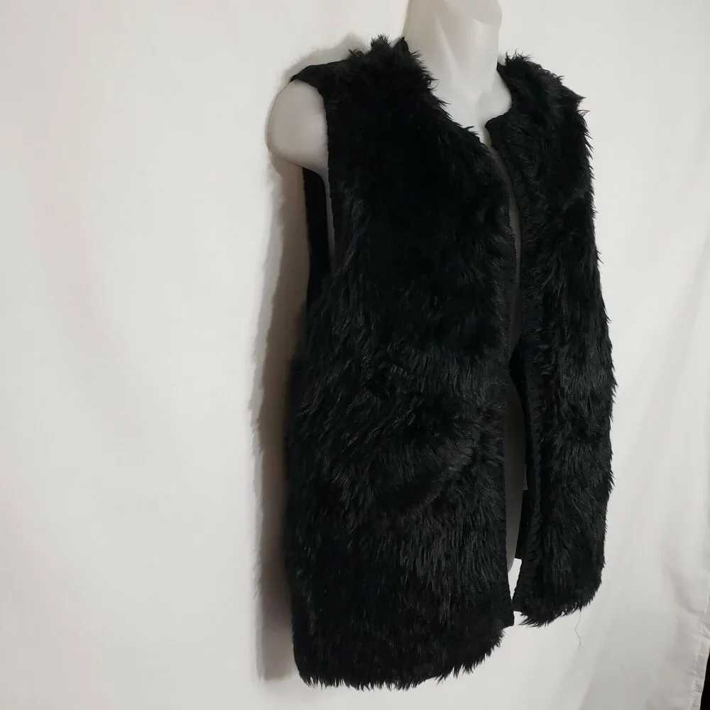 JJ Basics Womens Vest Size Large Faux Fur Black Sleeveless Lined Ribbed Back